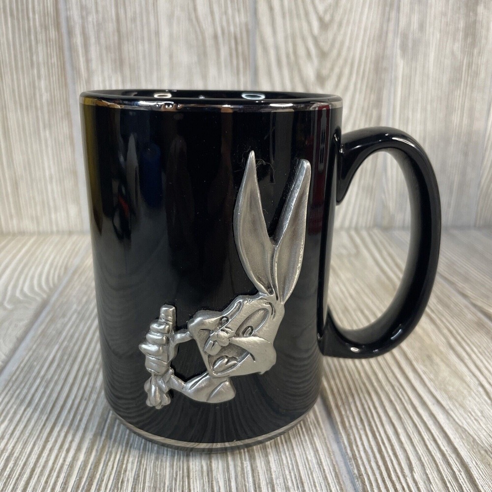 Vintage 1993 Warner Bros Bugs Bunny Black Ceramic Mug 3D Pewter Emblem Dancliffe